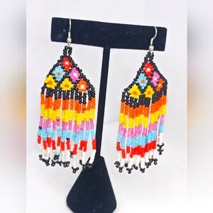 Native style earrings,long bead earrings, colorful statement ,silver hook